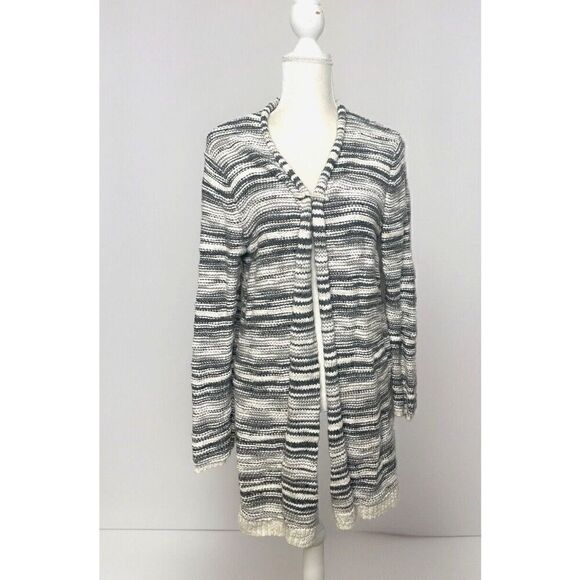 J. Jill Size L Cardigan Sweater Knit Cotton Blend Gray White Safty pin Brouch - Picture 1 of 11